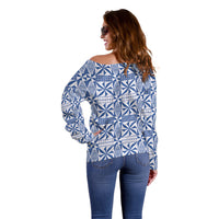 Blue Ngatu Pattern Malo e Lelei Tonga Off Shoulder Sweater
