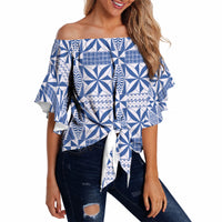 Blue Ngatu Pattern Malo e Lelei Tonga Off Shoulder Wrap Waist Top