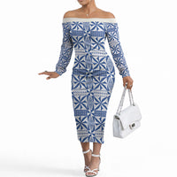 Blue Ngatu Pattern Malo e Lelei Tonga Off The Shoulder Long Sleeve Dress