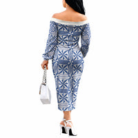 Blue Ngatu Pattern Malo e Lelei Tonga Off The Shoulder Long Sleeve Dress