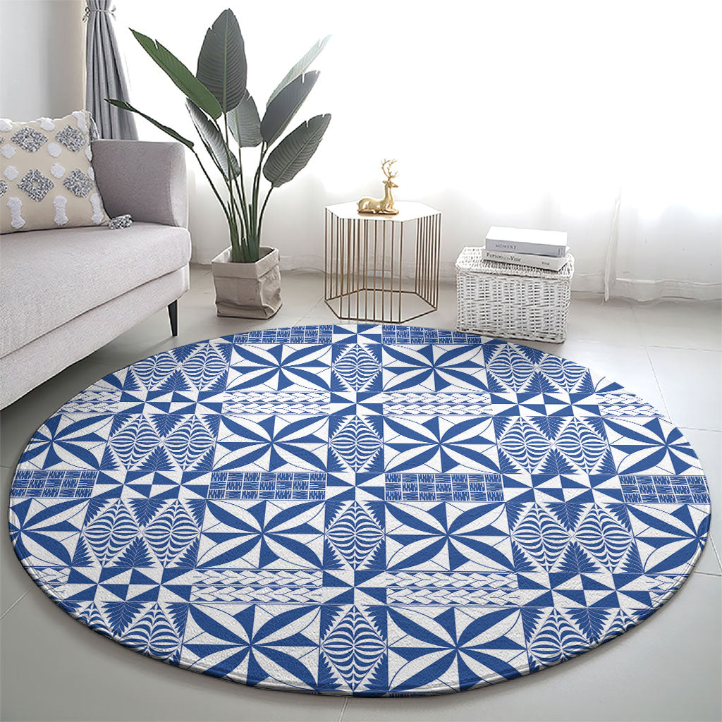 Blue Ngatu Pattern Malo e Lelei Tonga Round Carpet