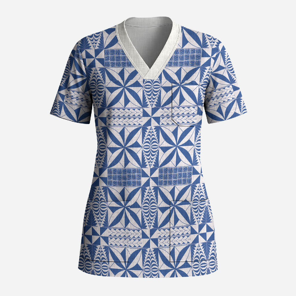 Blue Ngatu Pattern Malo e Lelei Tonga Scrub Top