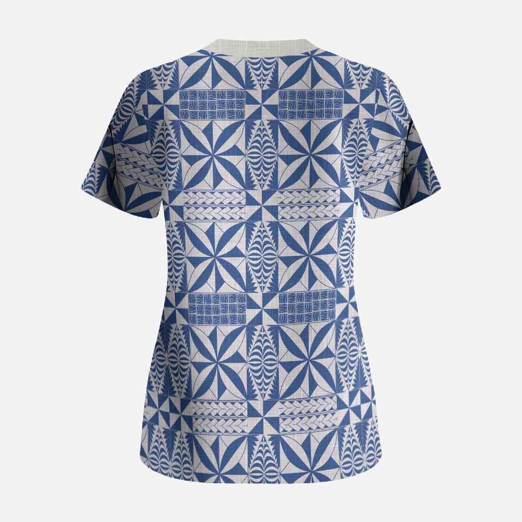 Blue Ngatu Pattern Malo e Lelei Tonga Scrub Top