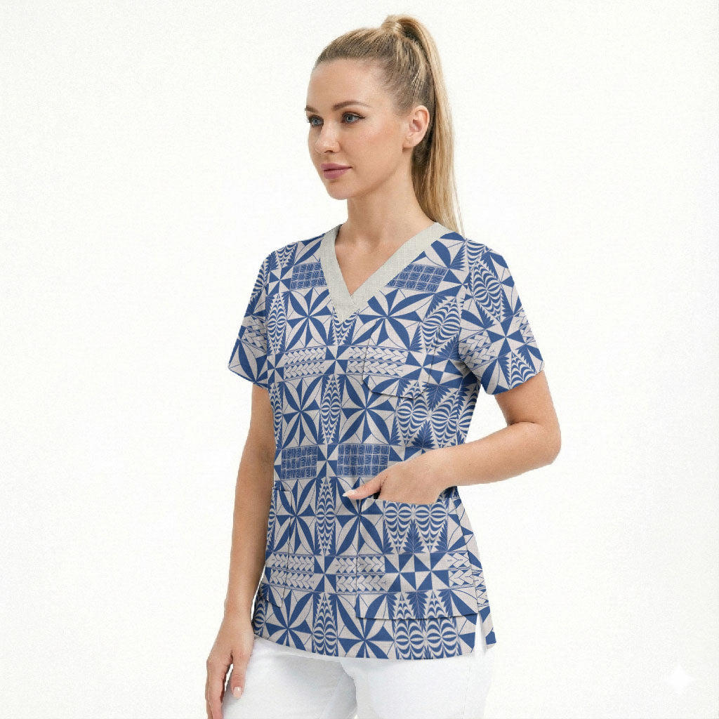 Blue Ngatu Pattern Malo e Lelei Tonga Scrub Top