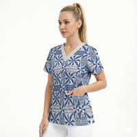 Blue Ngatu Pattern Malo e Lelei Tonga Scrub Top