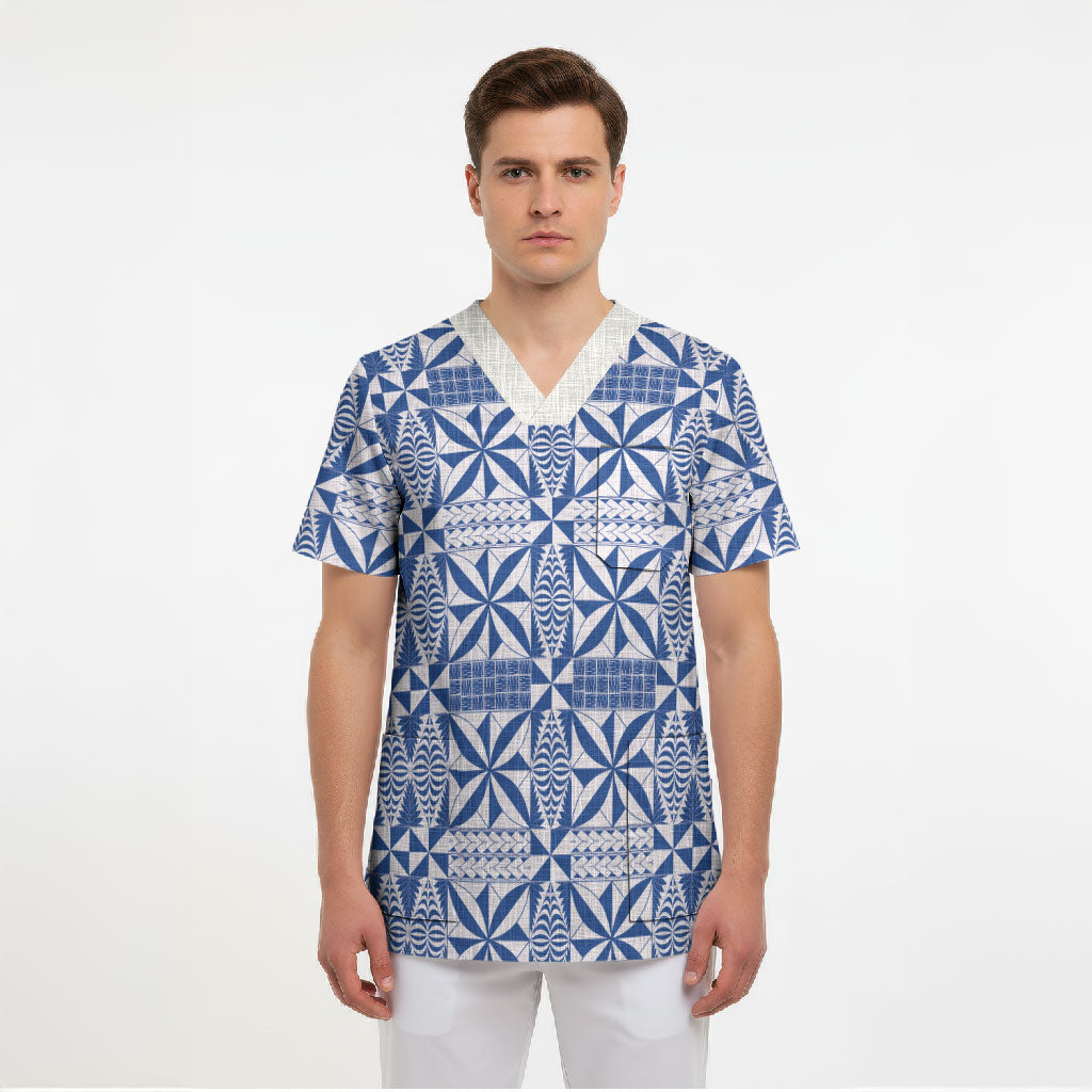 Blue Ngatu Pattern Malo e Lelei Tonga Scrub Top