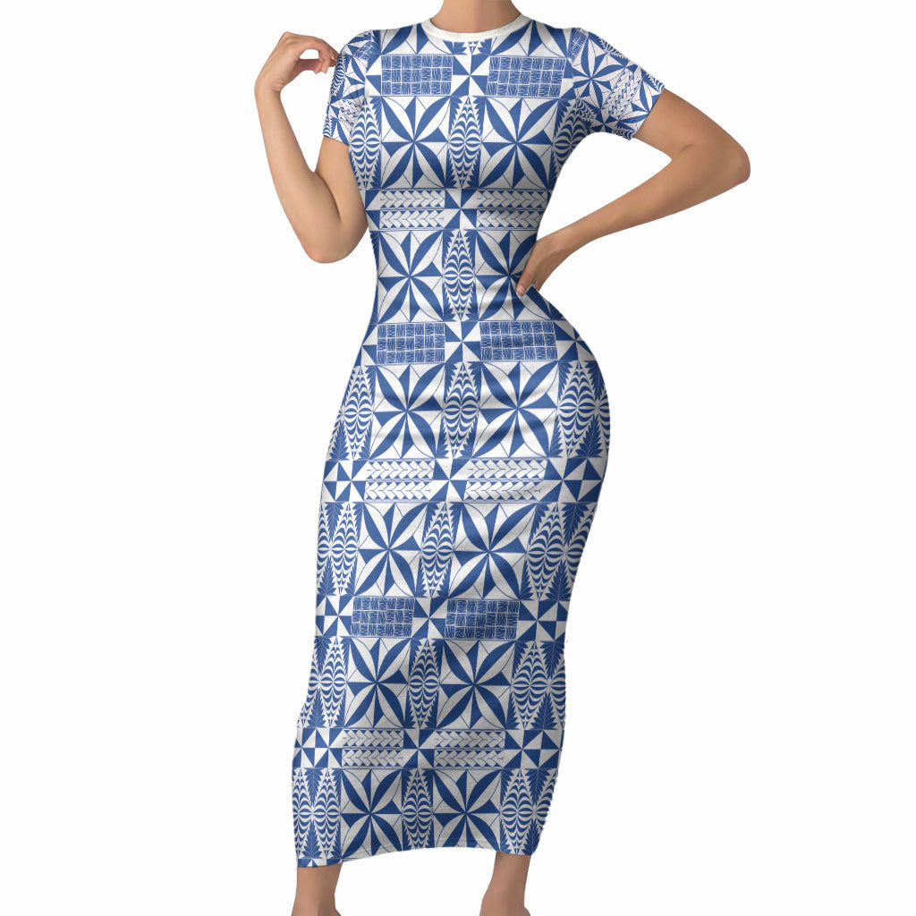Blue Ngatu Pattern Malo e Lelei Tonga Short Sleeve Bodycon Dress