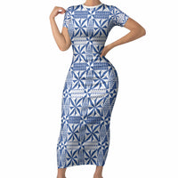 Blue Ngatu Pattern Malo e Lelei Tonga Short Sleeve Bodycon Dress