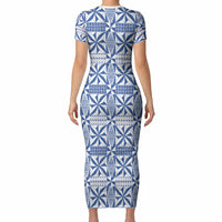 Blue Ngatu Pattern Malo e Lelei Tonga Short Sleeve Bodycon Dress