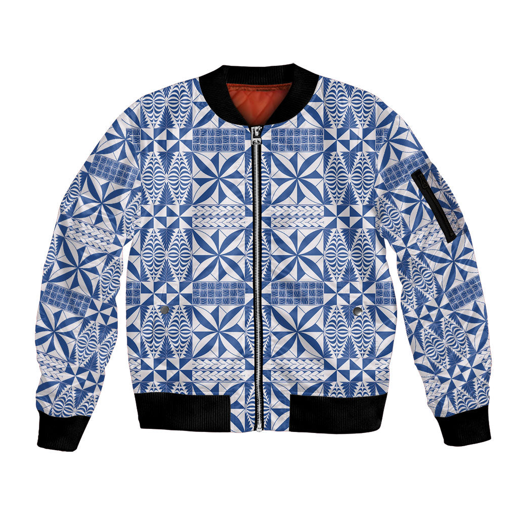 Blue Ngatu Pattern Malo e Lelei Tonga Sleeve Zip Bomber Jacket
