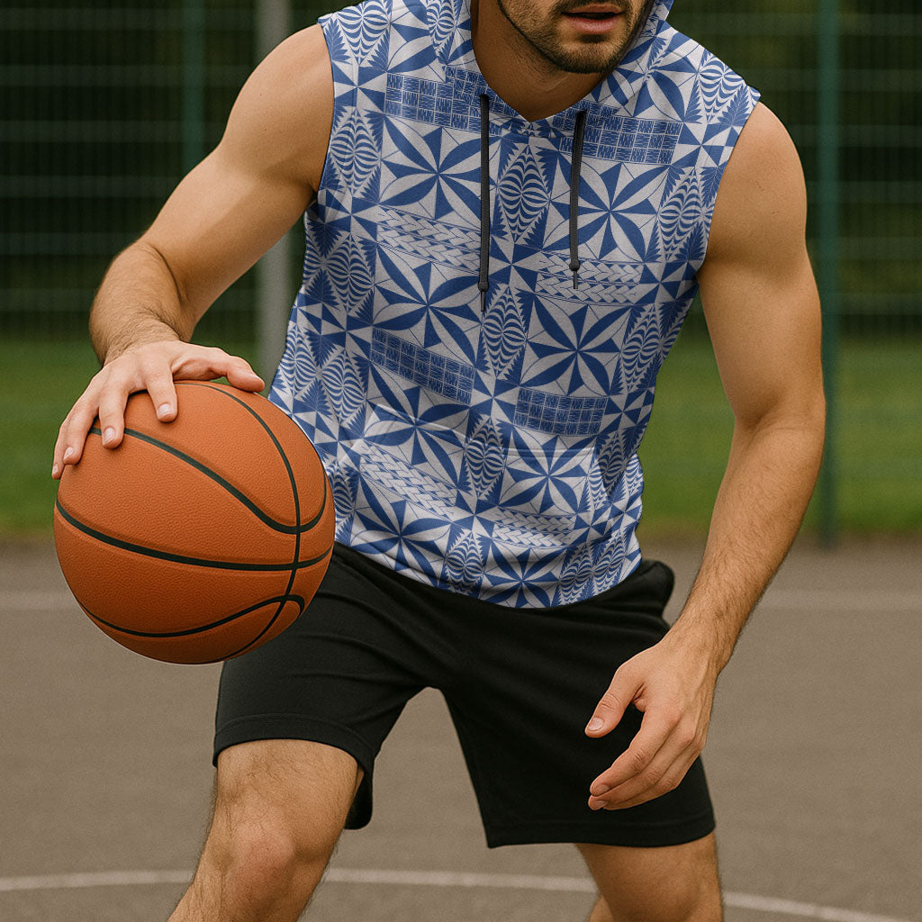 Blue Ngatu Pattern Malo e Lelei Tonga Sleeveless Hoodie