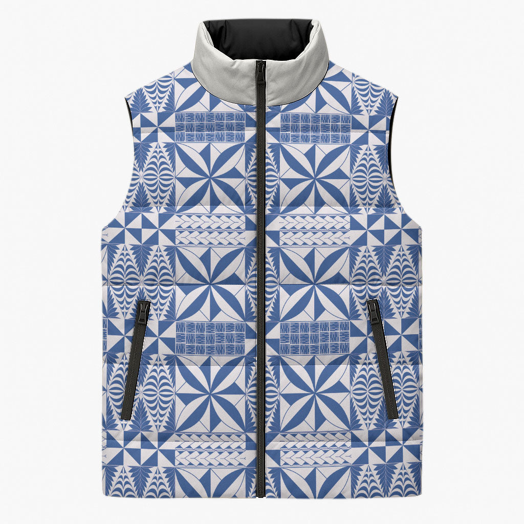 Blue Ngatu Pattern Malo e Lelei Tonga Sleeveless Puffer Jacket