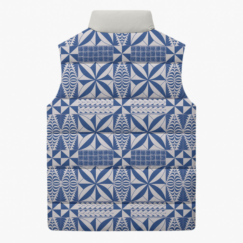 Blue Ngatu Pattern Malo e Lelei Tonga Sleeveless Puffer Jacket