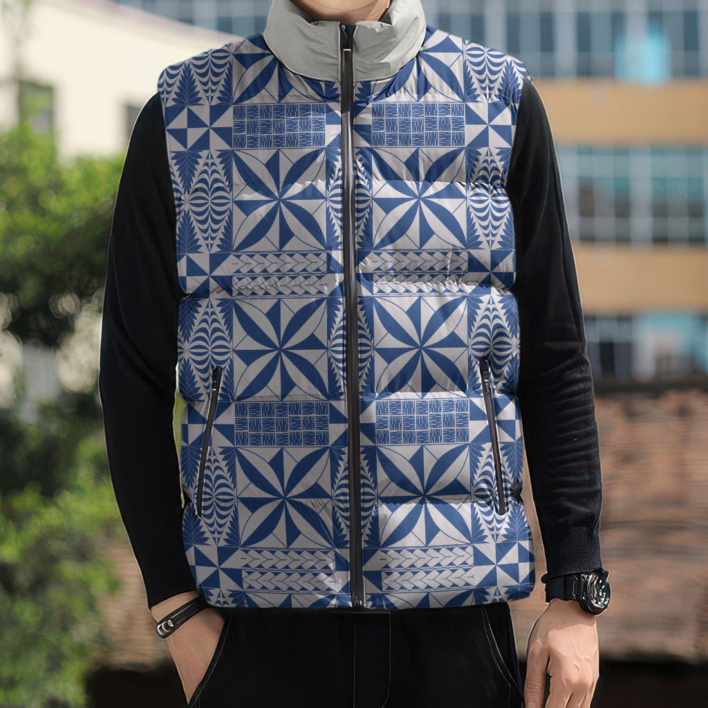 Blue Ngatu Pattern Malo e Lelei Tonga Sleeveless Puffer Jacket