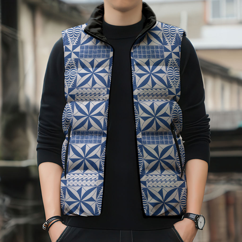 Blue Ngatu Pattern Malo e Lelei Tonga Sleeveless Puffer Jacket