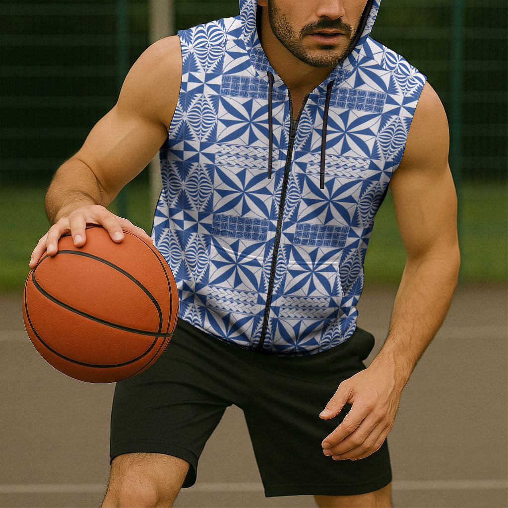 Blue Ngatu Pattern Malo e Lelei Tonga Sleeveless Zip Hoodie