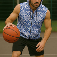 Blue Ngatu Pattern Malo e Lelei Tonga Sleeveless Zip Hoodie