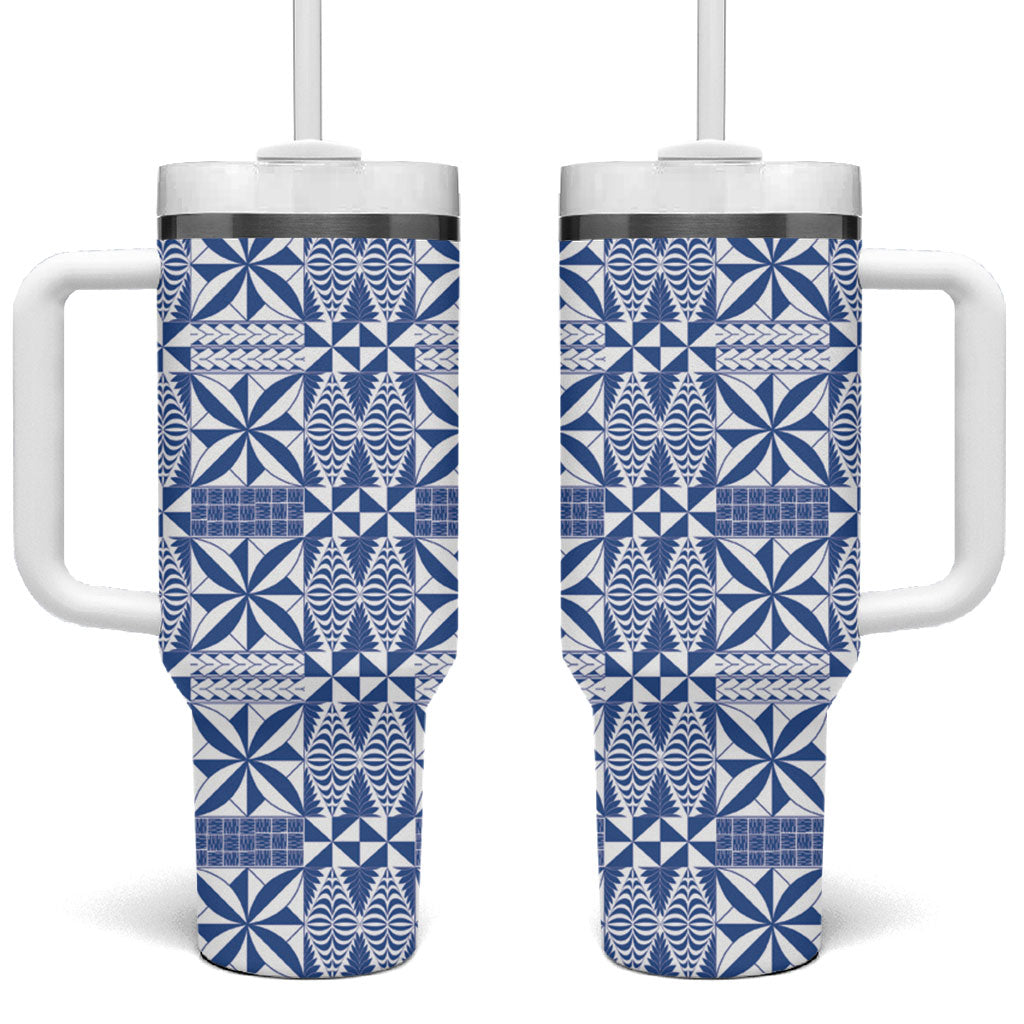 Blue Ngatu Pattern Malo e Lelei Tonga Tumbler With Handle