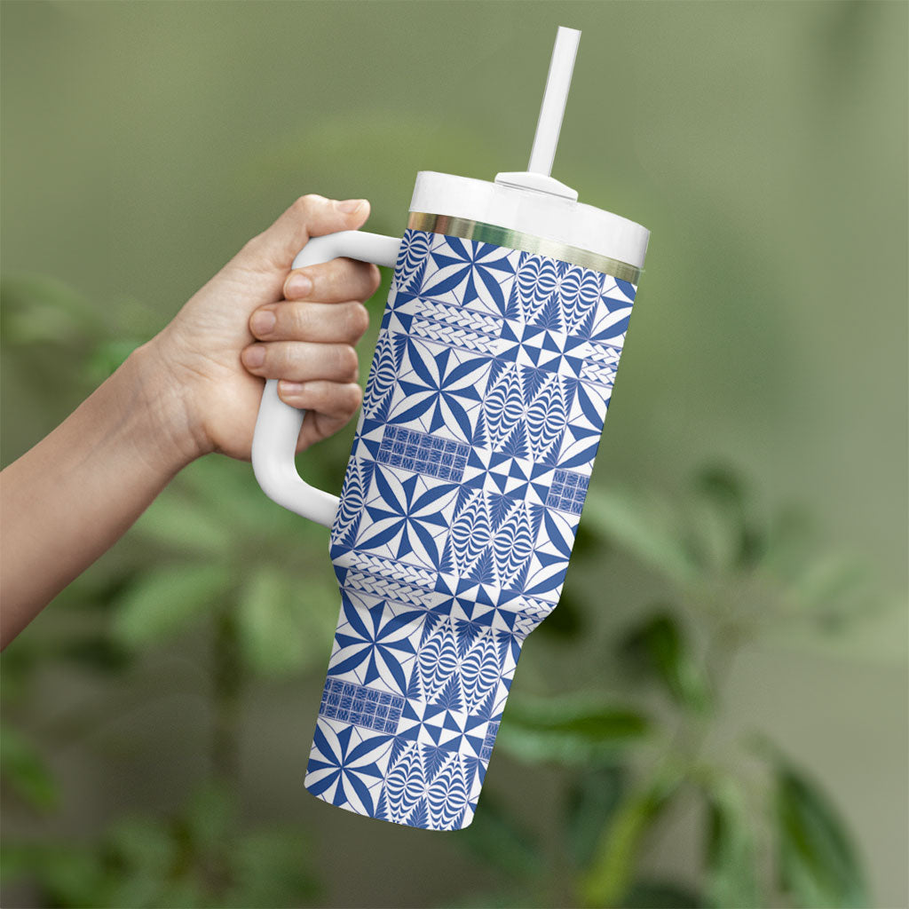 Blue Ngatu Pattern Malo e Lelei Tonga Tumbler With Handle