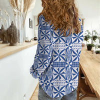 Blue Ngatu Pattern Malo e Lelei Tonga Women Casual Shirt