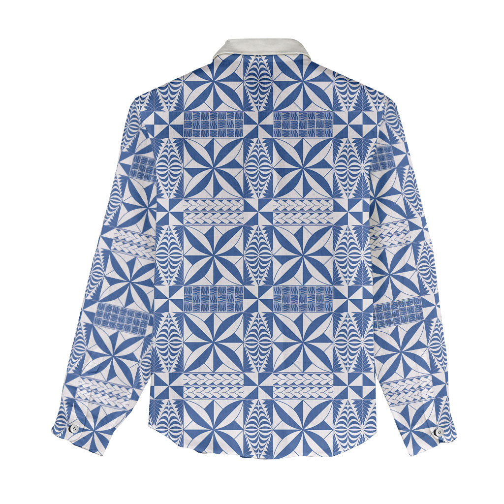 Blue Ngatu Pattern Malo e Lelei Tonga Women Casual Shirt
