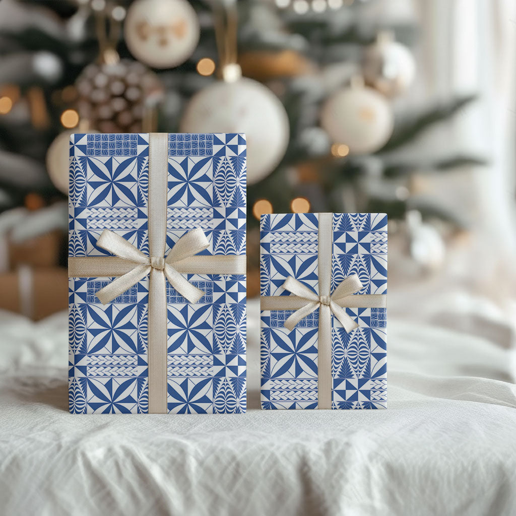Blue Ngatu Pattern Malo e Lelei Tonga Wrapping Paper
