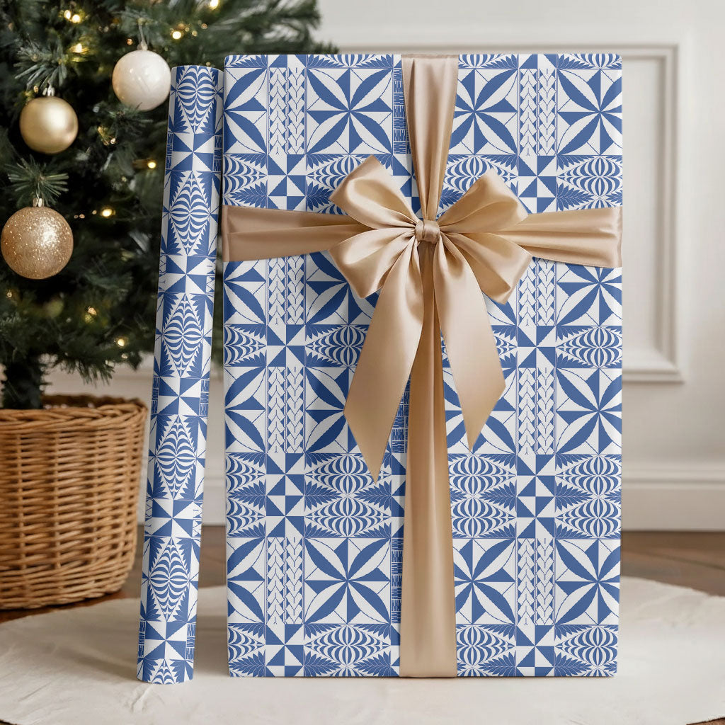 Blue Ngatu Pattern Malo e Lelei Tonga Wrapping Paper