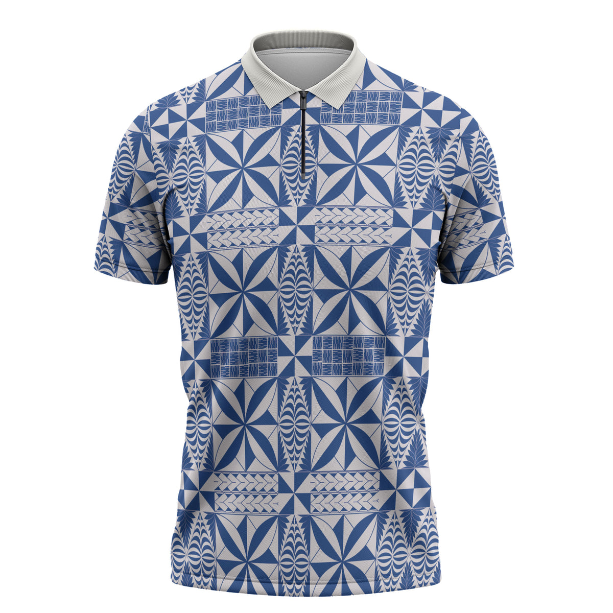 Blue Ngatu Pattern Malo e Lelei Tonga Zipper Polo Shirt