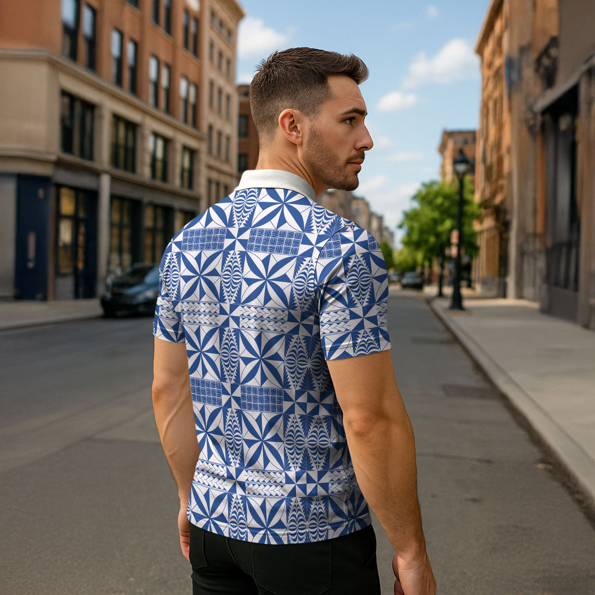Blue Ngatu Pattern Malo e Lelei Tonga Zipper Polo Shirt