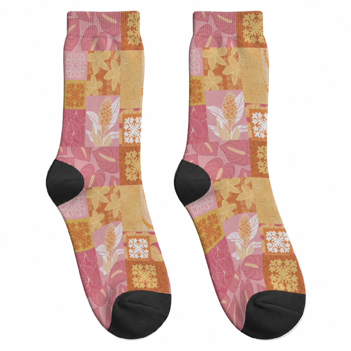Aloha Hawaii Quilt Floral Patchwork Style Crew Socks