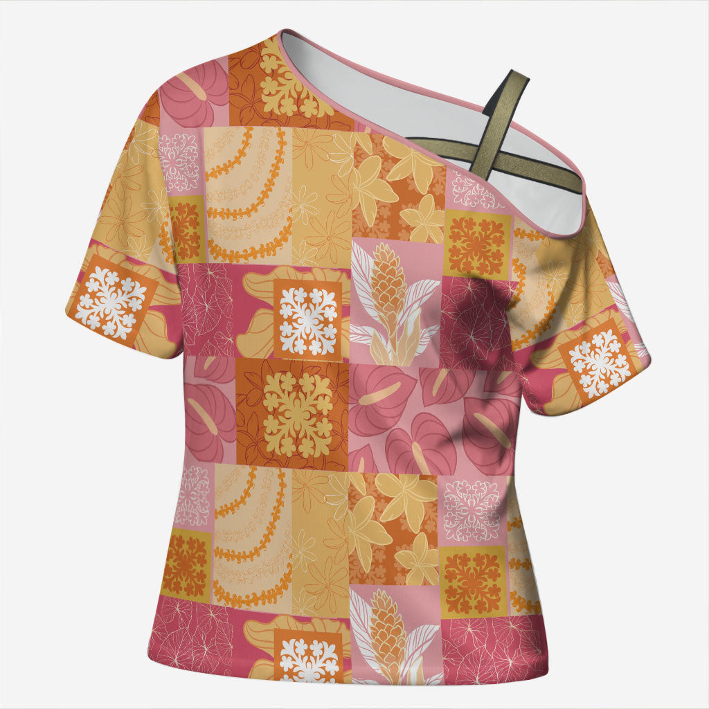 Aloha Hawaii Quilt Floral Patchwork Style Cross Shoulder Shirt