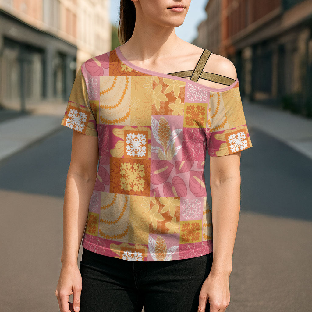 Aloha Hawaii Quilt Floral Patchwork Style Cross Shoulder Shirt