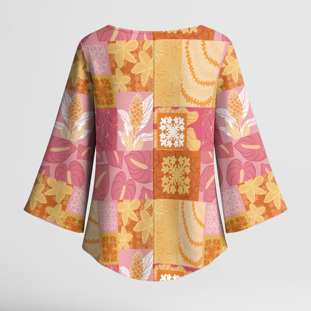 Aloha Hawaii Quilt Floral Patchwork Style Kimono Sleeve Blouse