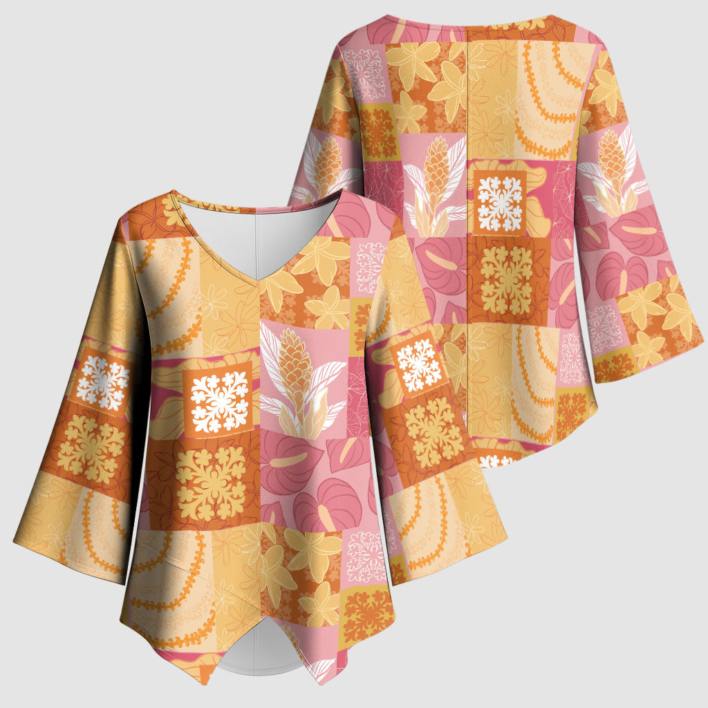 Aloha Hawaii Quilt Floral Patchwork Style Kimono Sleeve Blouse