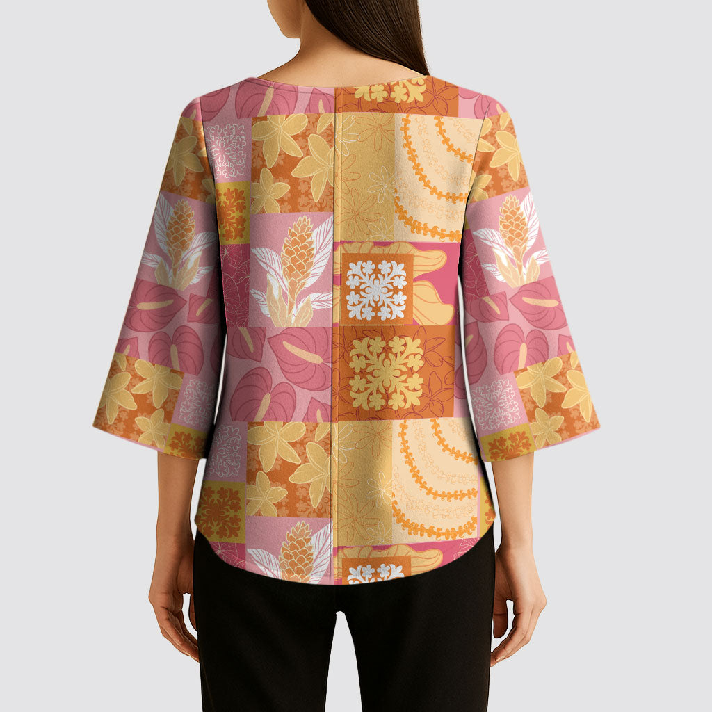 Aloha Hawaii Quilt Floral Patchwork Style Kimono Sleeve Blouse