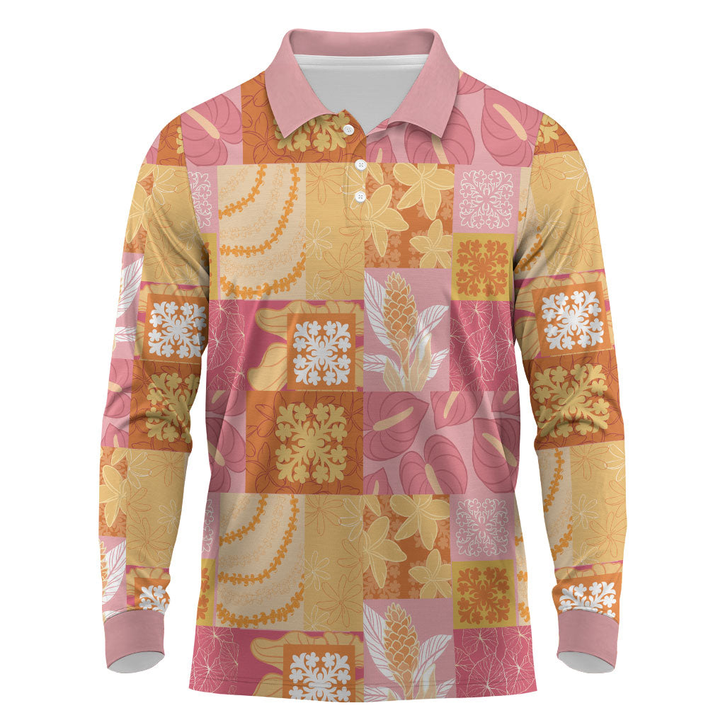 Aloha Hawaii Quilt Floral Patchwork Style Long Sleeve Polo Shirt