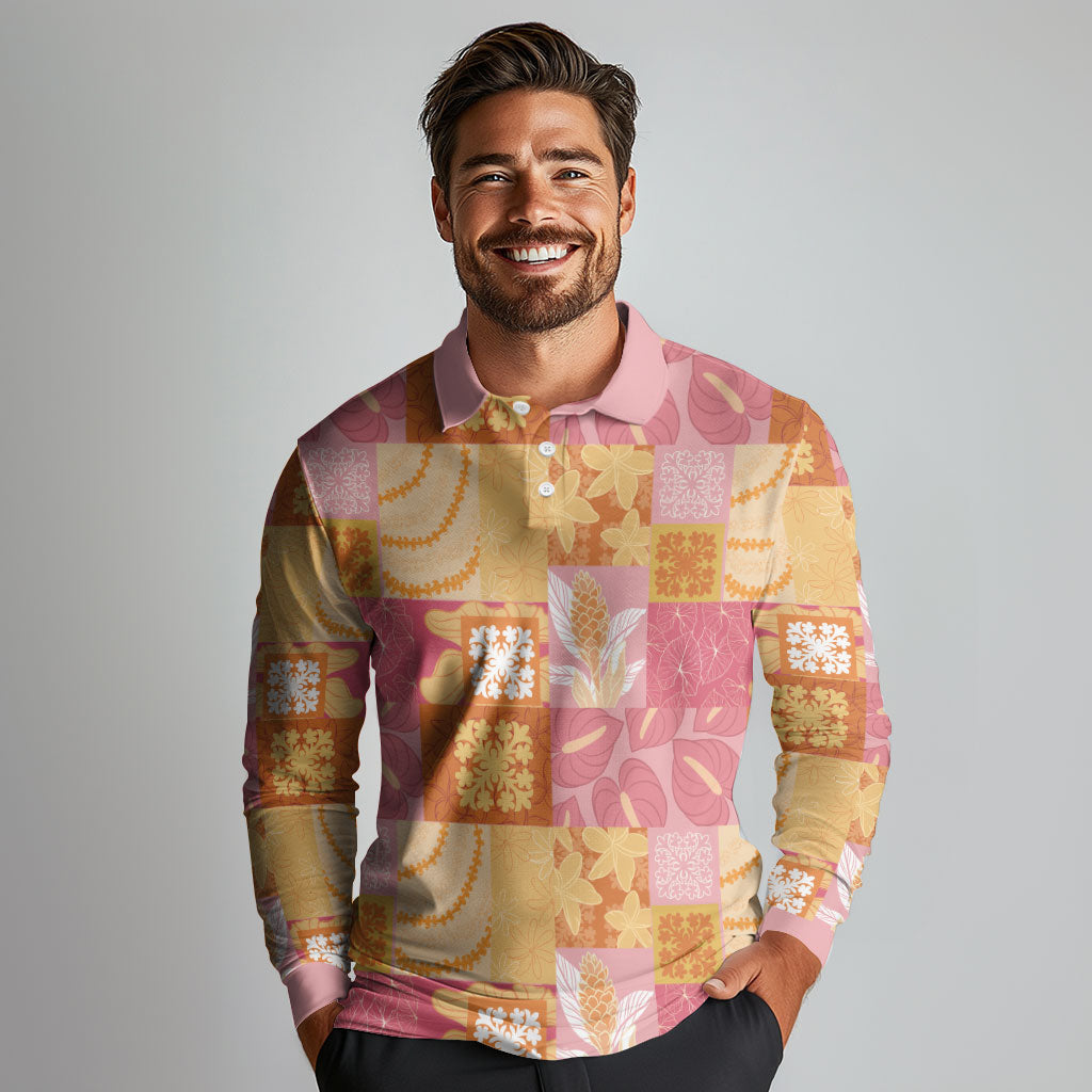 Aloha Hawaii Quilt Floral Patchwork Style Long Sleeve Polo Shirt