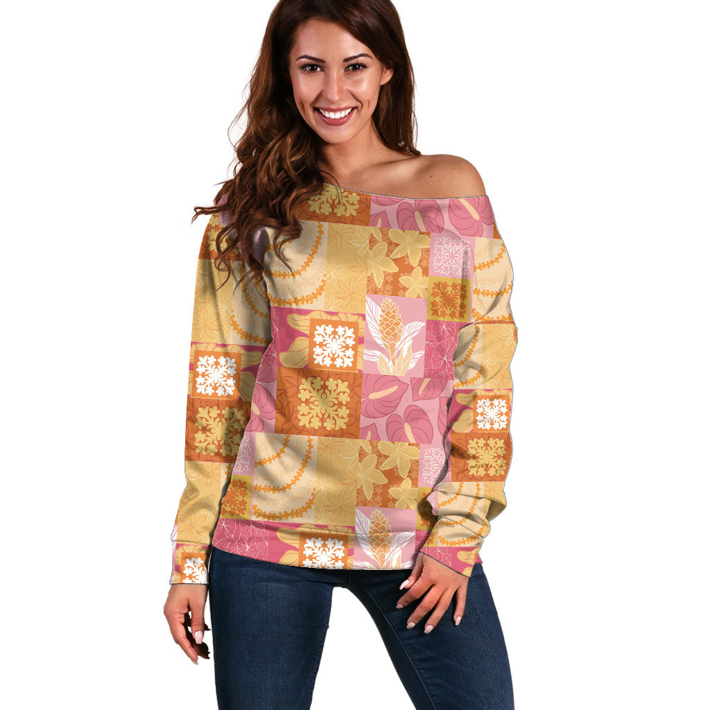 Aloha Hawaii Quilt Floral Patchwork Style Off Shoulder Sweater