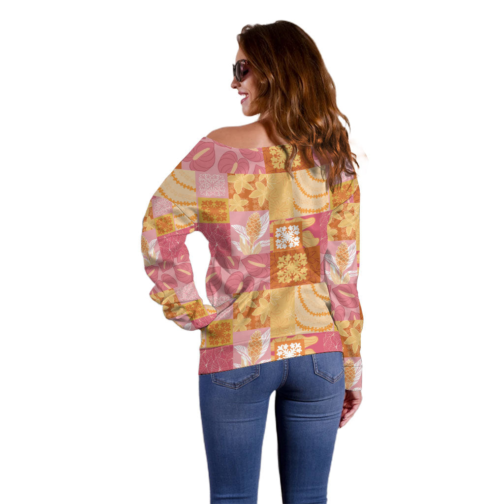 Aloha Hawaii Quilt Floral Patchwork Style Off Shoulder Sweater