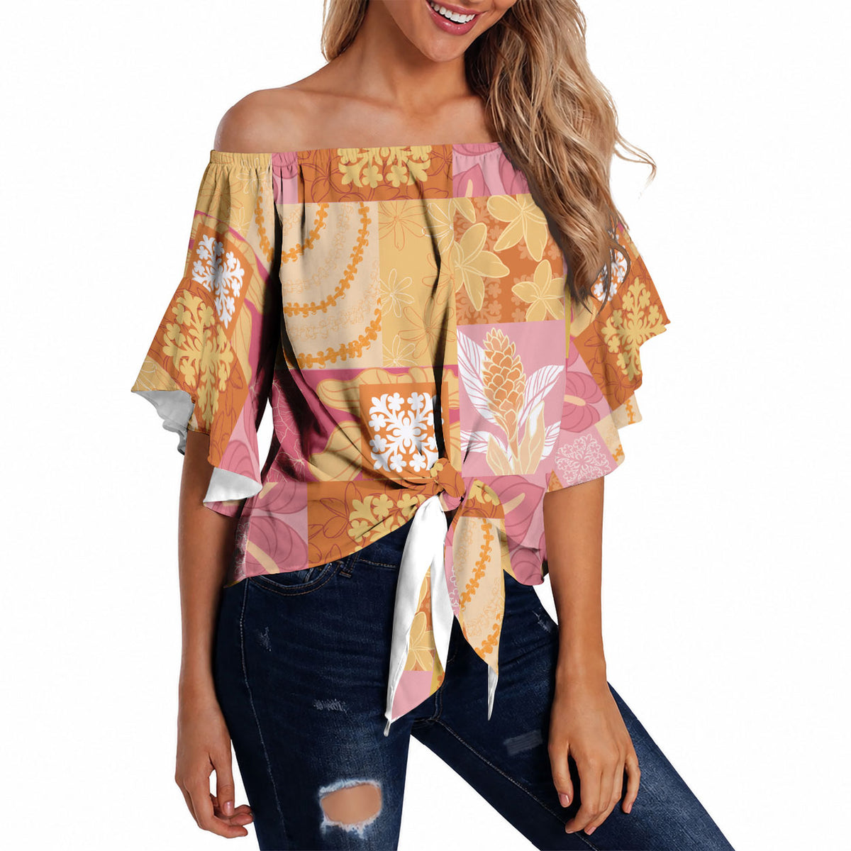 Aloha Hawaii Quilt Floral Patchwork Style Off Shoulder Wrap Waist Top