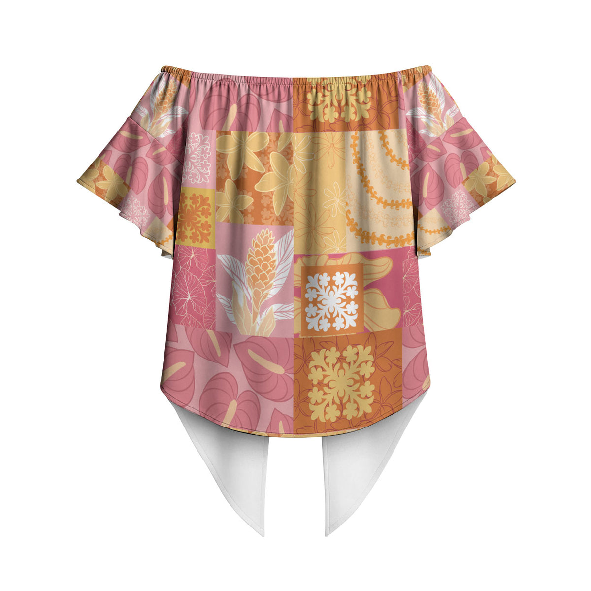 Aloha Hawaii Quilt Floral Patchwork Style Off Shoulder Wrap Waist Top