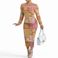 Aloha Hawaii Quilt Floral Patchwork Style Off The Shoulder Long Sleeve Dress