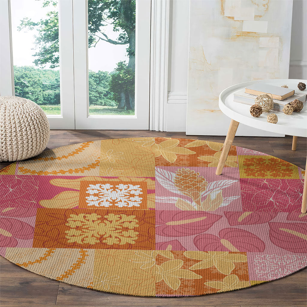 Aloha Hawaii Quilt Floral Patchwork Style Round Carpet