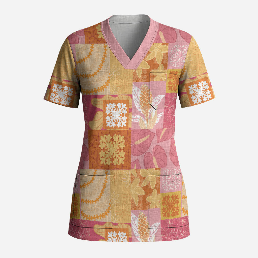 Aloha Hawaii Quilt Floral Patchwork Style Scrub Top