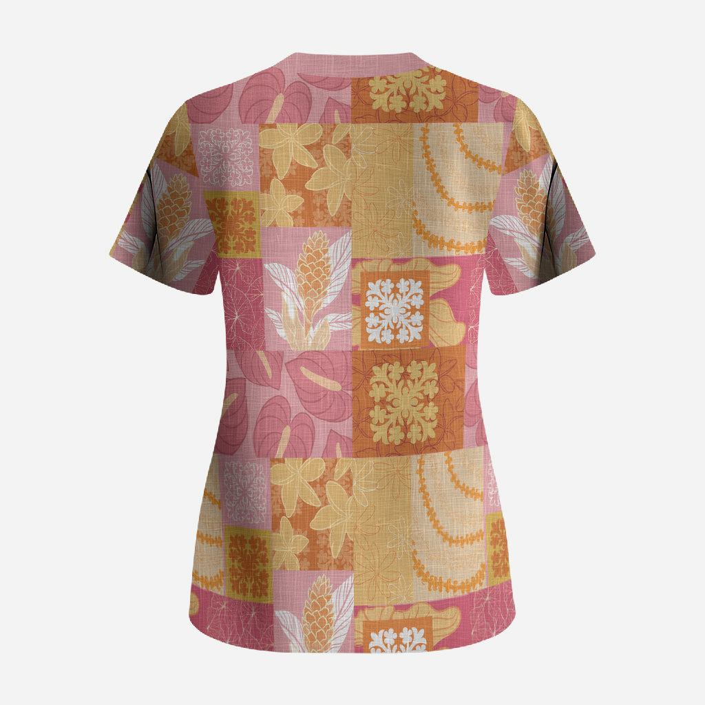 Aloha Hawaii Quilt Floral Patchwork Style Scrub Top