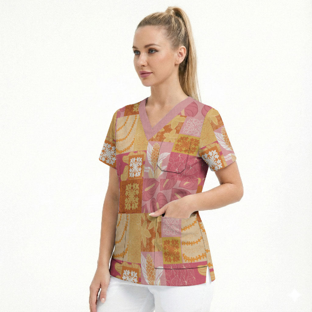 Aloha Hawaii Quilt Floral Patchwork Style Scrub Top