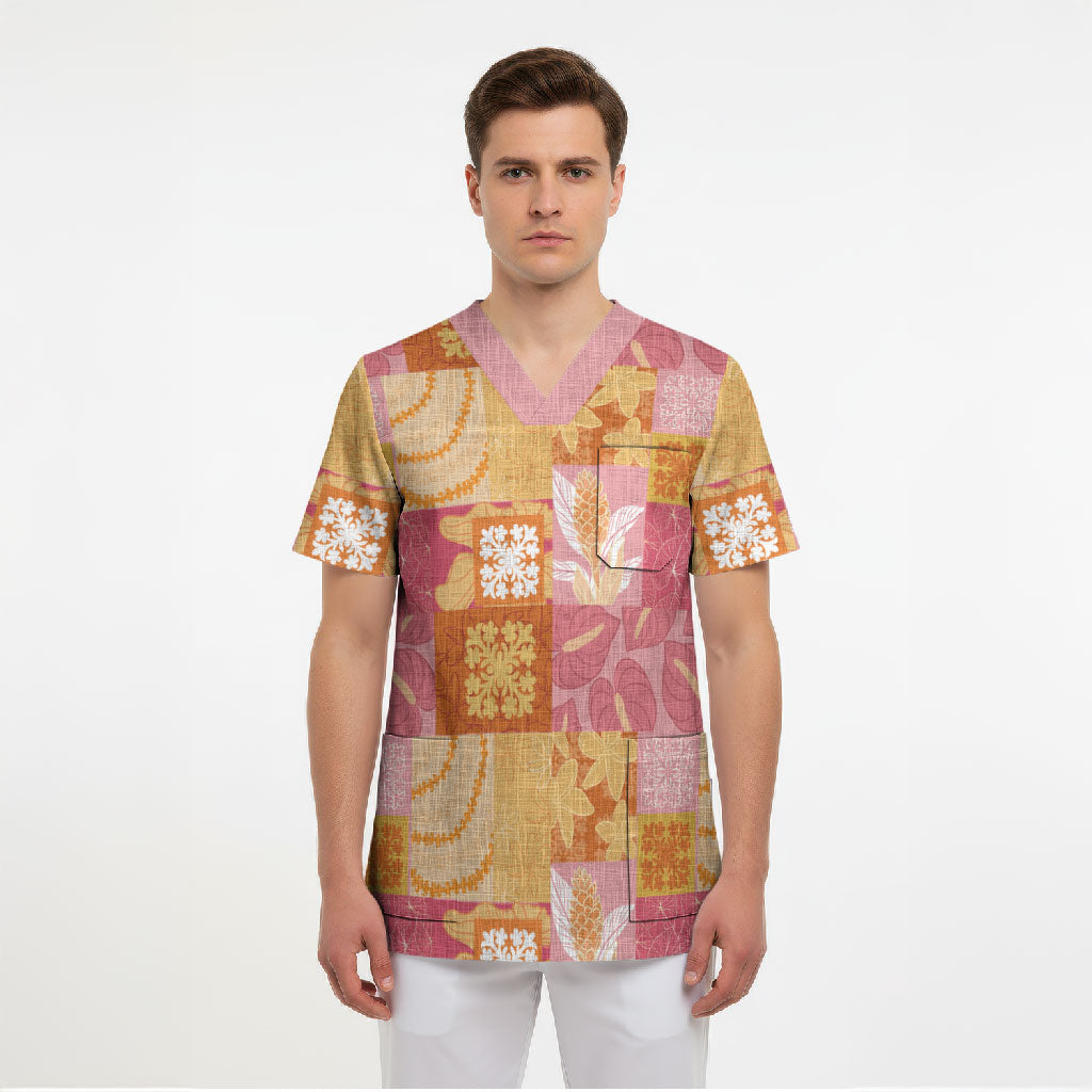 Aloha Hawaii Quilt Floral Patchwork Style Scrub Top