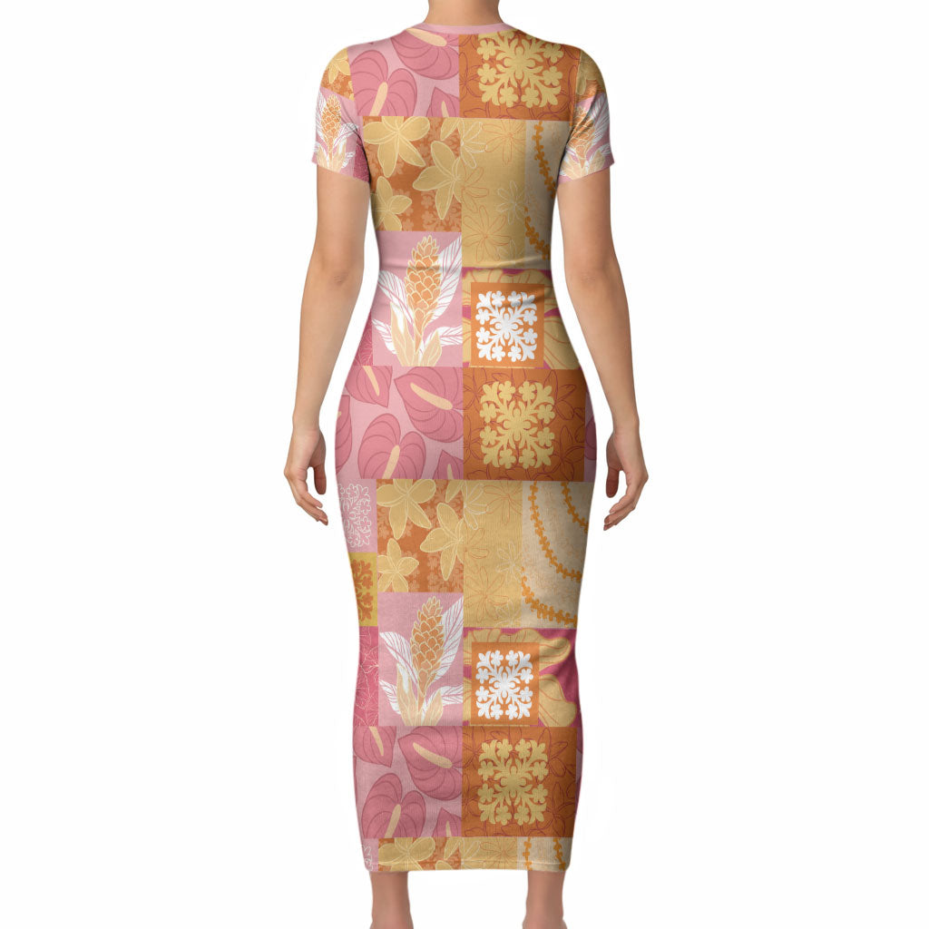 Aloha Hawaii Quilt Floral Patchwork Style Short Sleeve Bodycon Dress