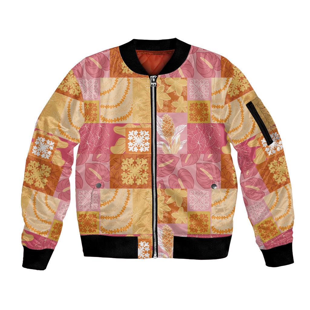 Aloha Hawaii Quilt Floral Patchwork Style Sleeve Zip Bomber Jacket