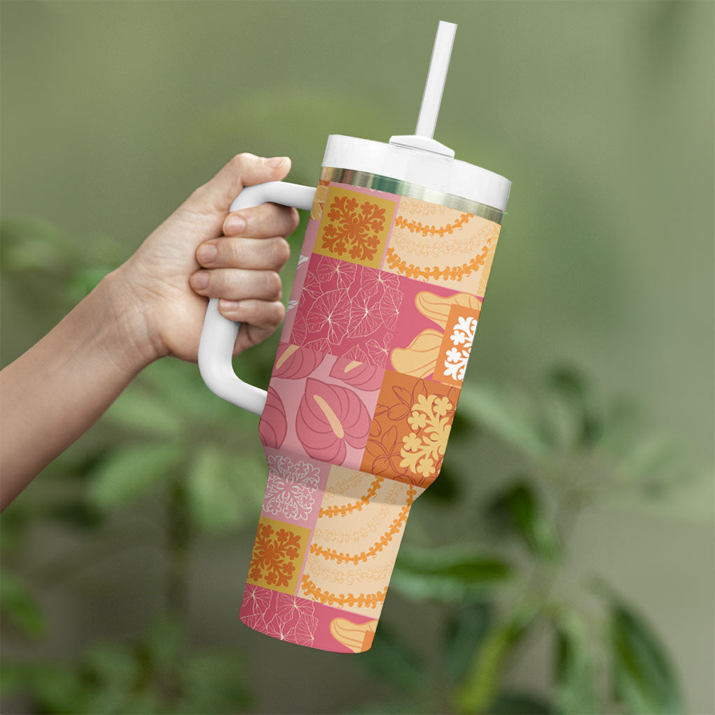 Aloha Hawaii Quilt Floral Patchwork Style Tumbler With Handle